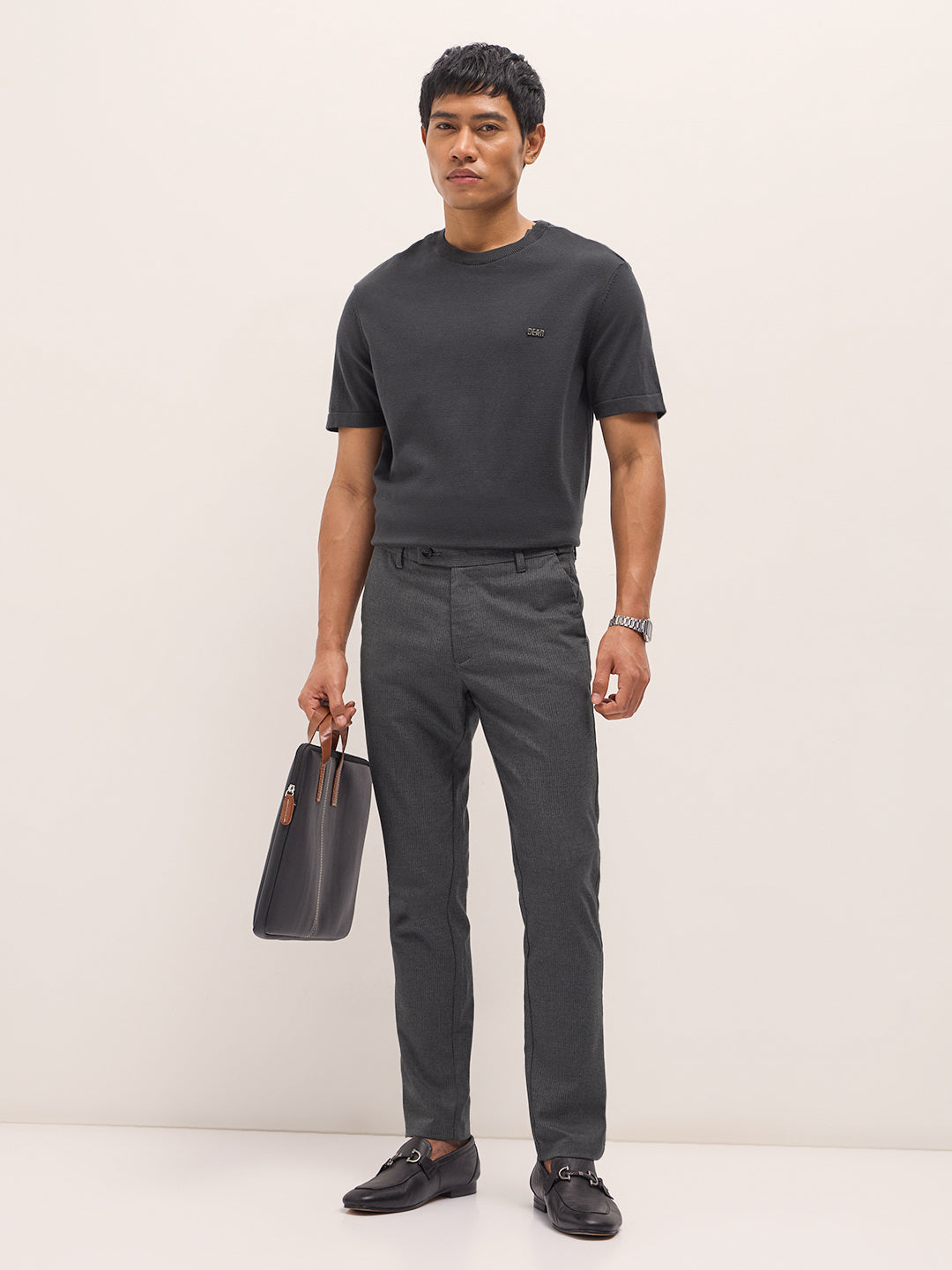 Men Grey Woven Pinstripe Slim Fit Formal Trousers