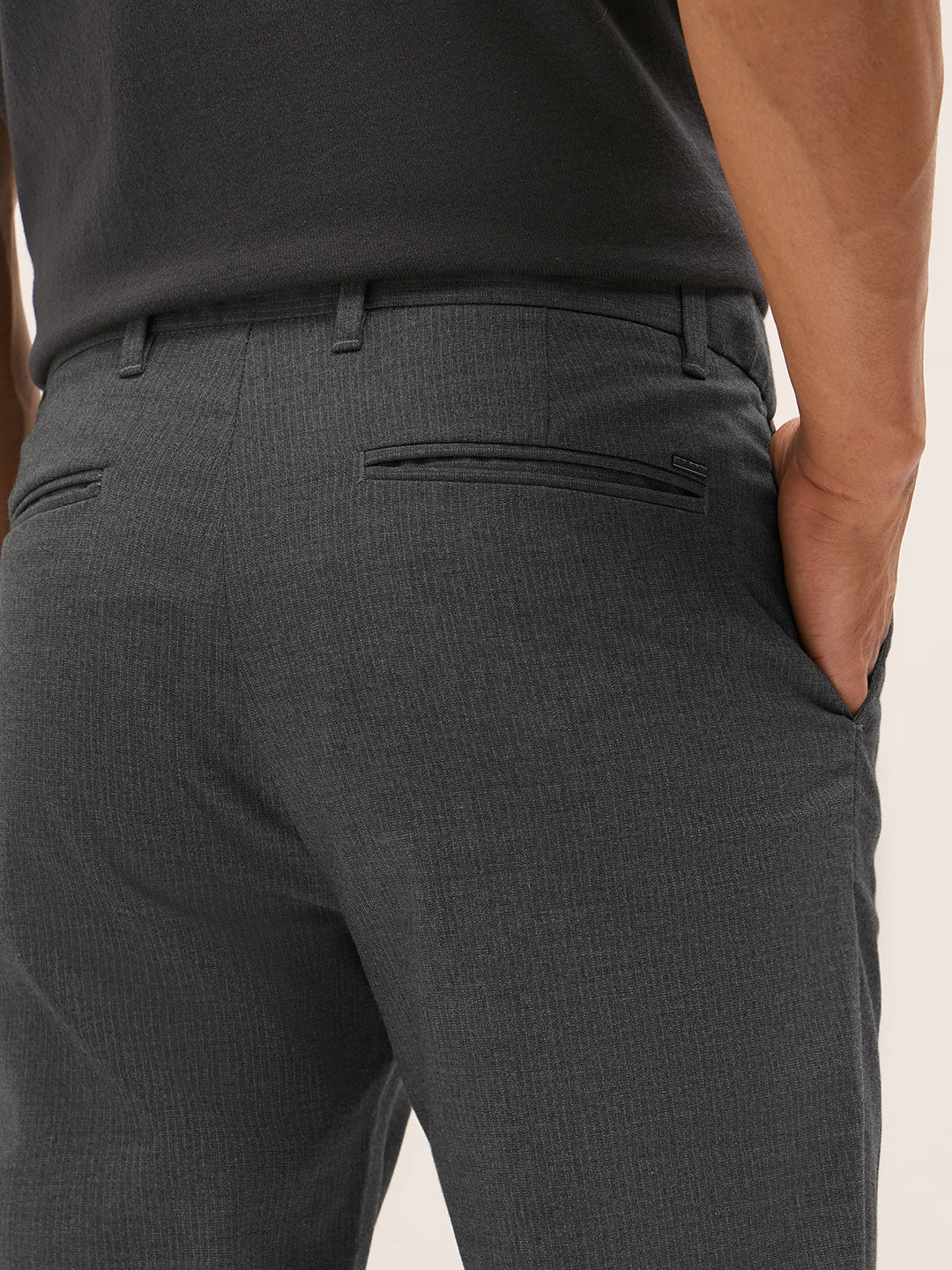 Men Grey Woven Pinstripe Slim Fit Formal Trousers