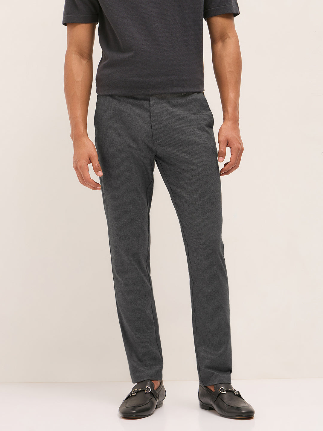 Men Grey Woven Pinstripe Slim Fit Formal Trousers