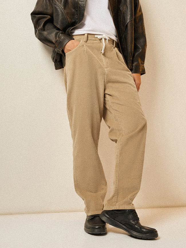 Men Beige Solid Baggy Fit Corduroy Cotton Pant