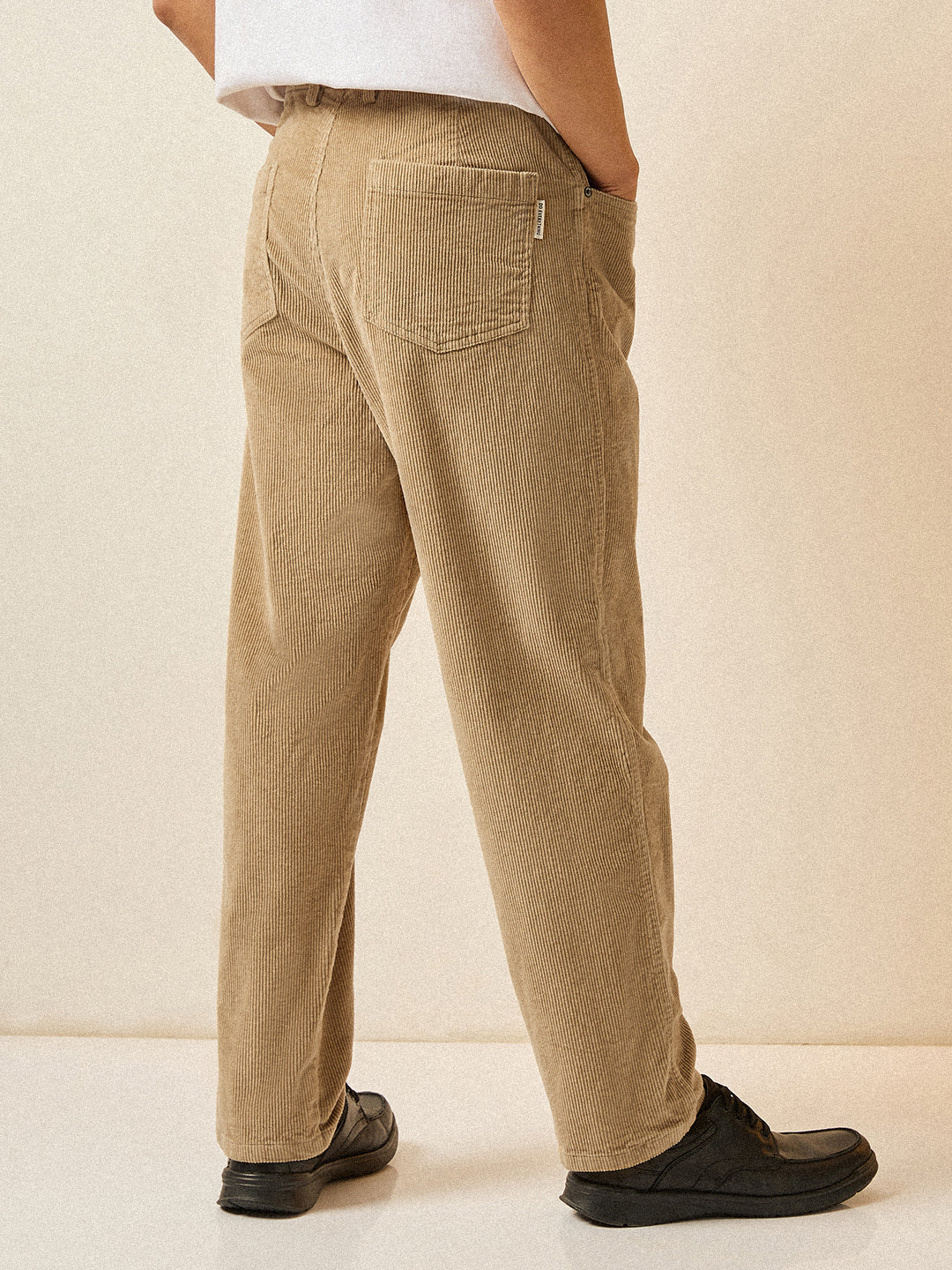 Men Beige Solid Baggy Fit Corduroy Cotton Pant