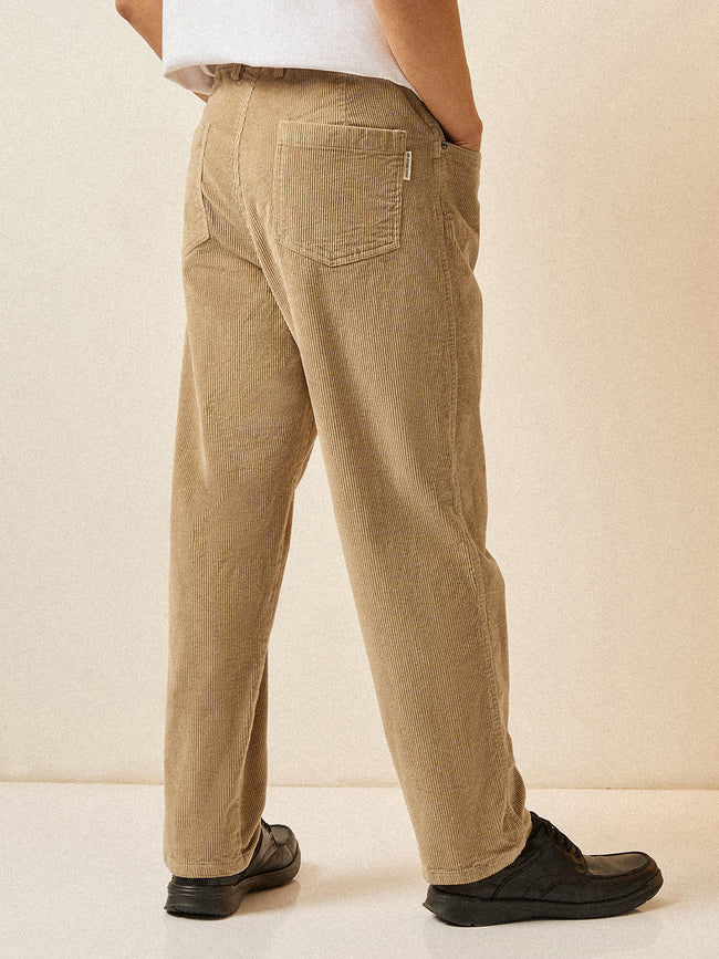 Men Beige Solid Baggy Fit Corduroy Cotton Pant