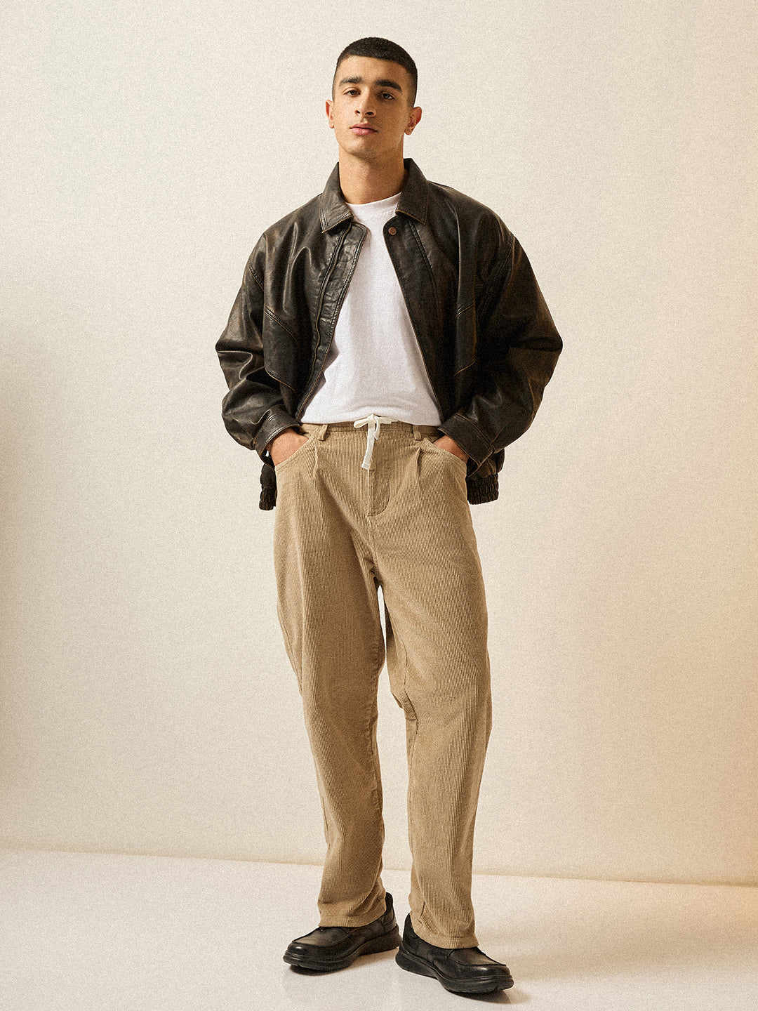 Men Beige Solid Baggy Fit Corduroy Cotton Pant