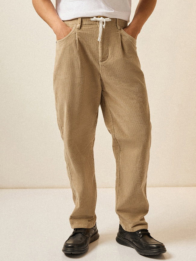 Men Beige Solid Baggy Fit Corduroy Cotton Pant