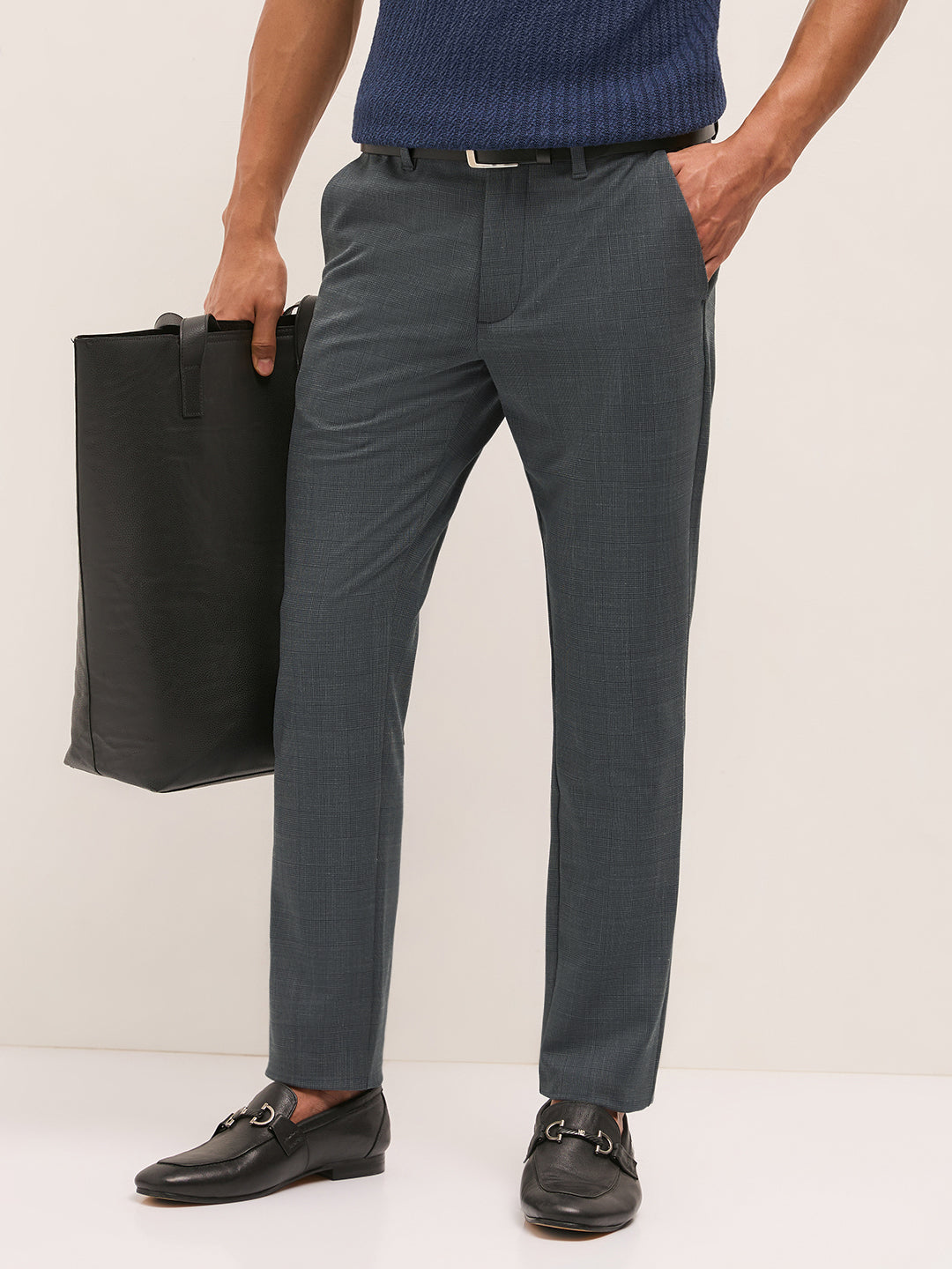 Men Grey Woven Design Slim Fit Formal Trousers