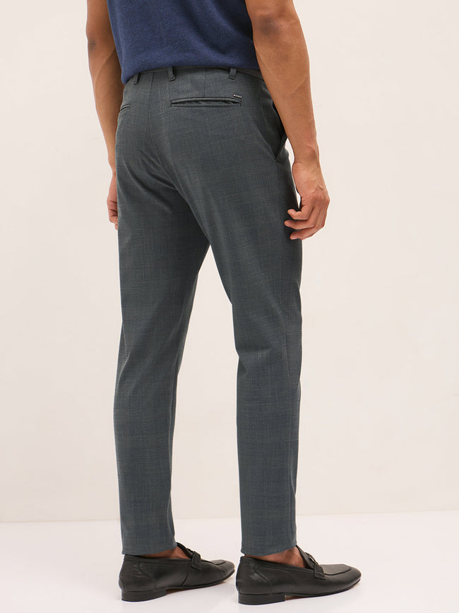 Men Grey Woven Design Slim Fit Formal Trousers