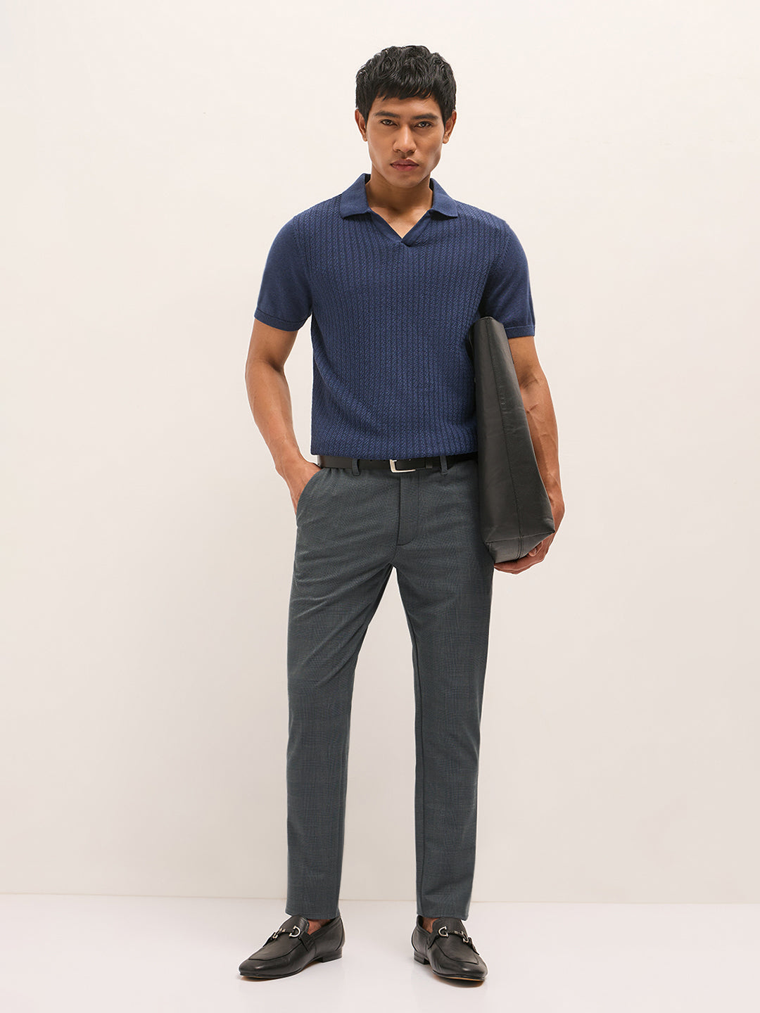 Men Grey Woven Design Slim Fit Formal Trousers