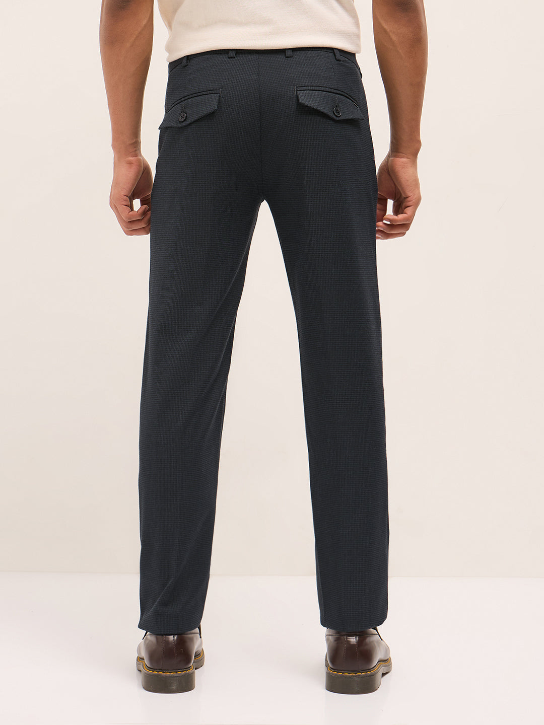 Men Blue Woven Pattern Regular Fit Formal Trousers