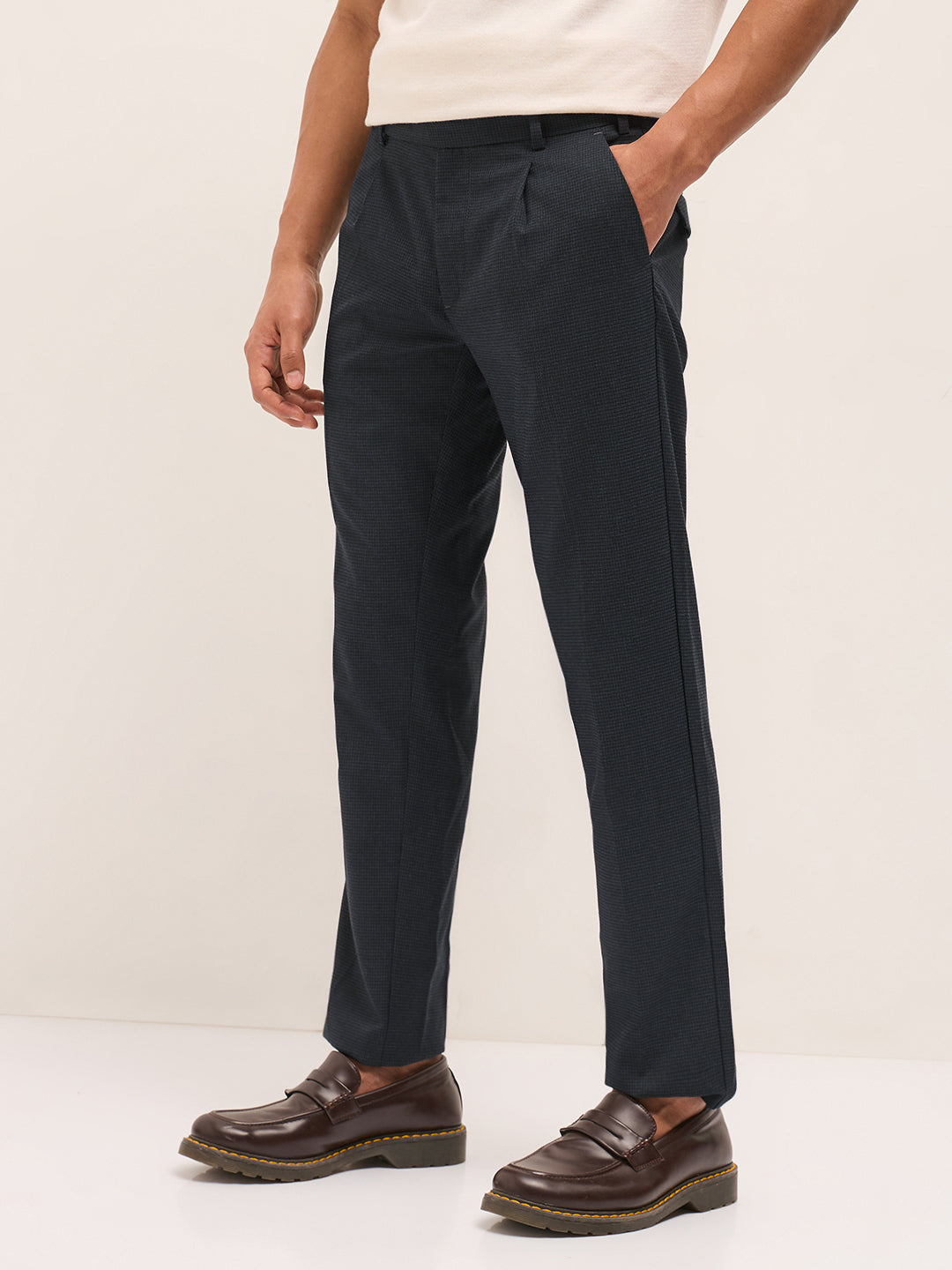 Men Blue Woven Pattern Regular Fit Formal Trousers