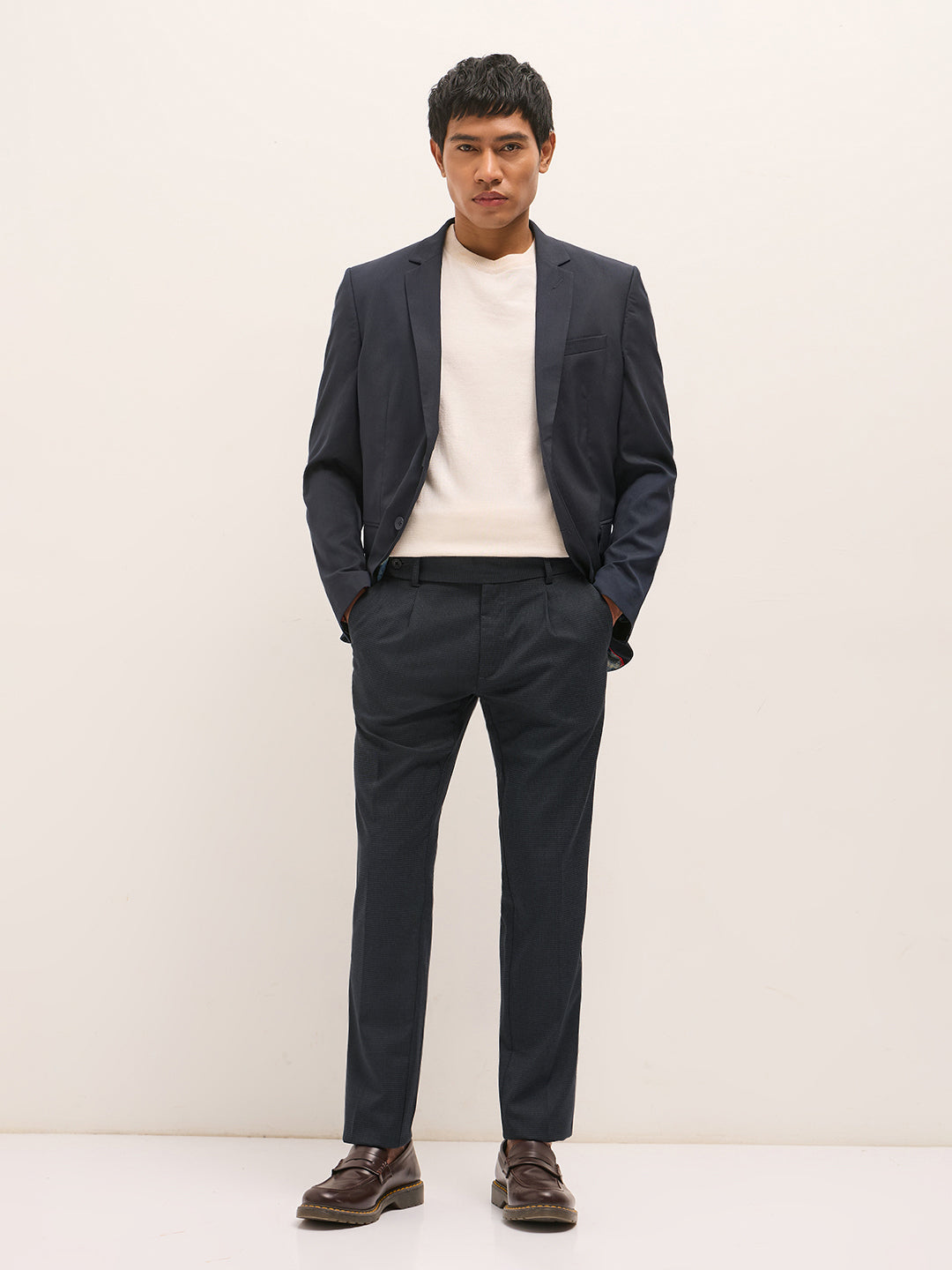 Men Blue Woven Pattern Regular Fit Formal Trousers