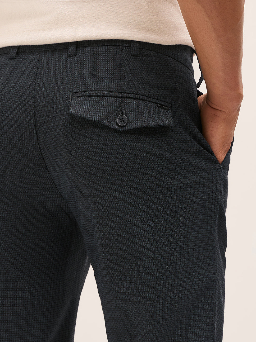 Men Blue Woven Pattern Regular Fit Formal Trousers