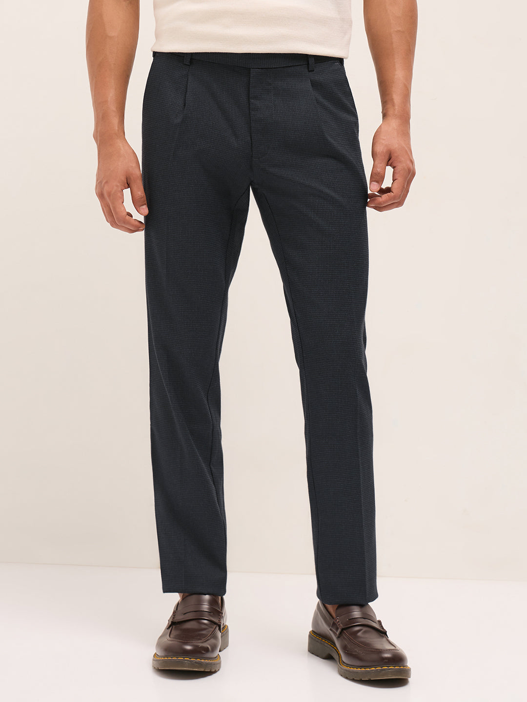 Men Blue Woven Pattern Regular Fit Formal Trousers