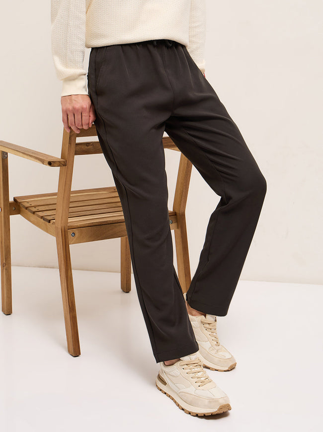 Men Brown Classic Korean-Inspired Elastic Waist Casual Trouser