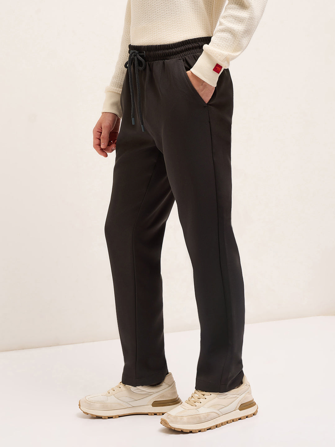 Men Brown Classic Korean-Inspired Elastic Waist Casual Trouser