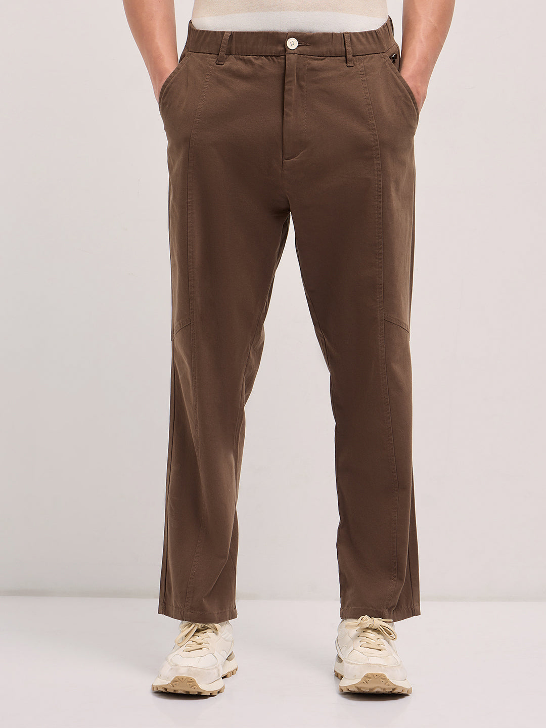 Men Brown Solid Baggy Fit Casual Trouser