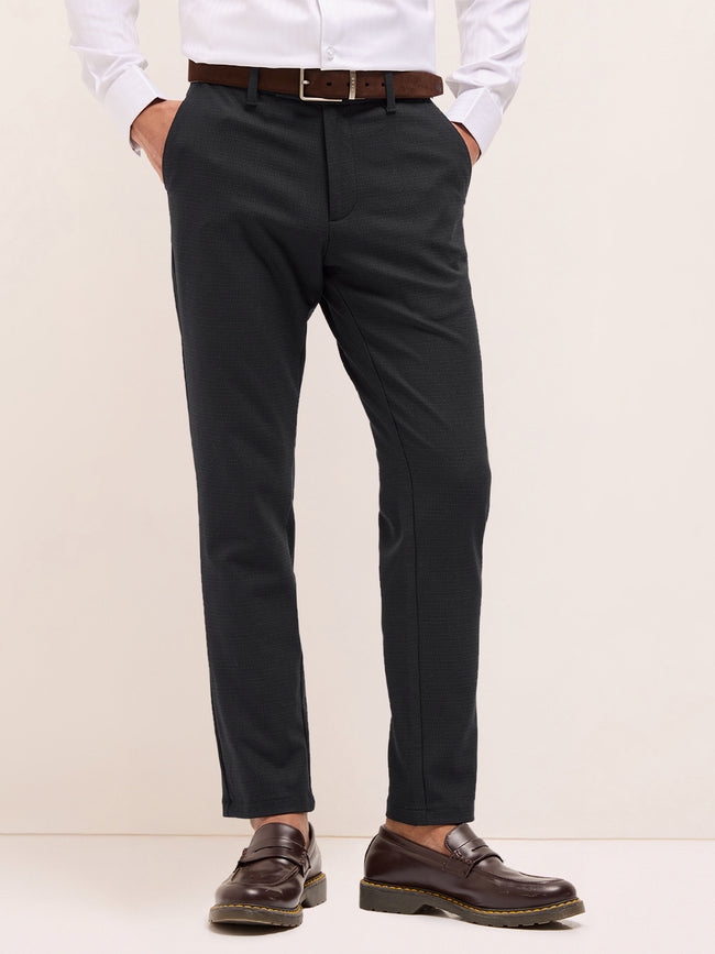 Men Blue Self Design Formal Trouser