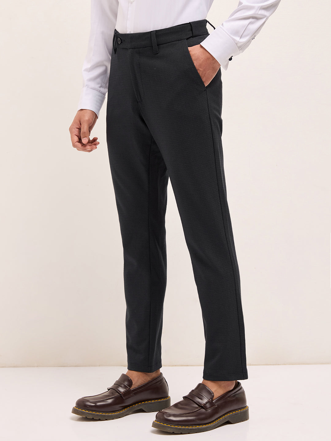Men Blue Self Design Formal Trouser