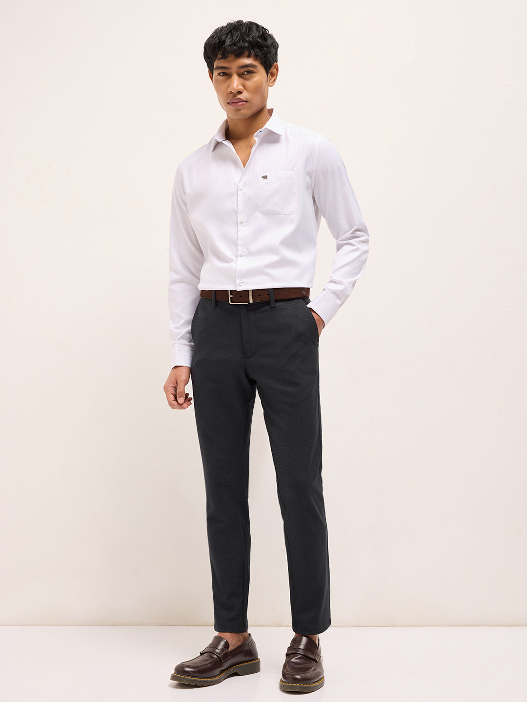 Men Blue Self Design Formal Trouser
