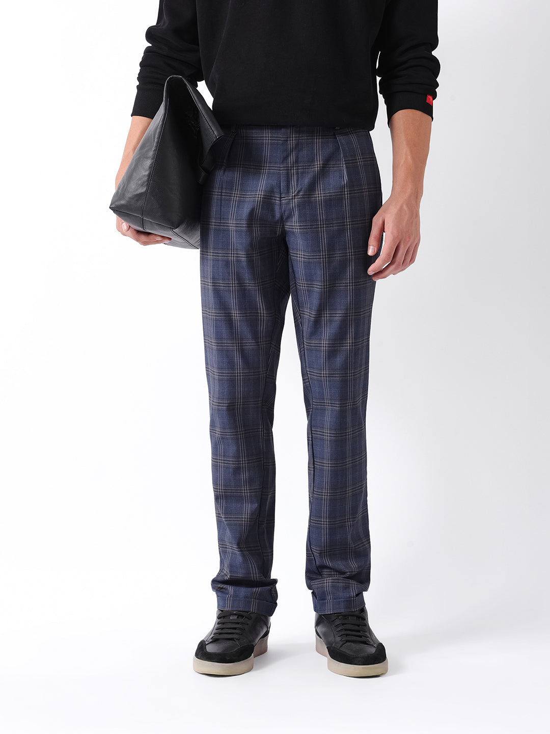 Men Blue Checked Formal Trouser
