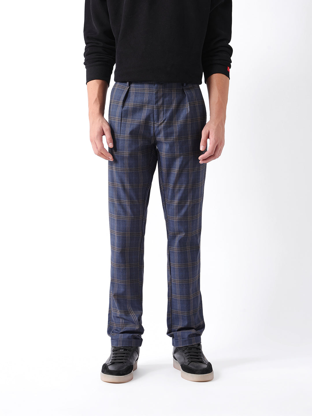 Men Blue Checked Formal Trouser