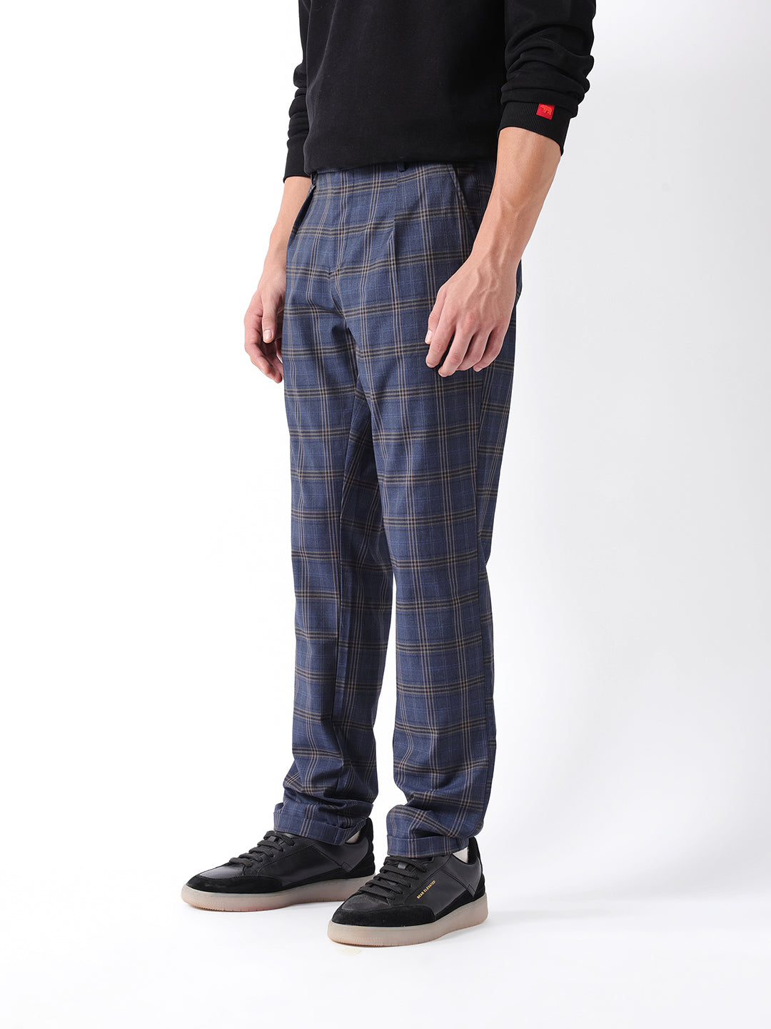 Men Blue Checked Formal Trouser