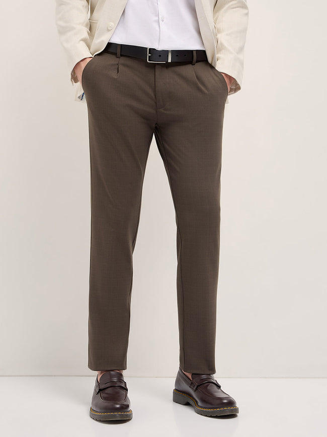 Men Brown Woven Checked Regular Fit Formal Trousers