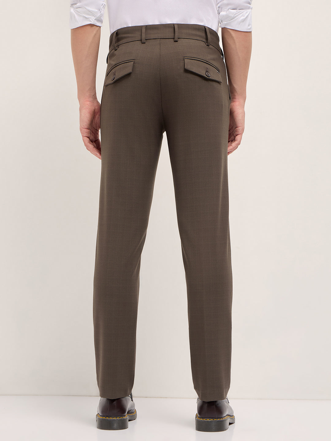 Men Brown Woven Checked Regular Fit Formal Trousers