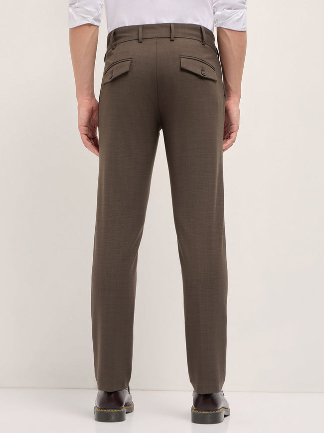 Men Brown Woven Checked Regular Fit Formal Trousers