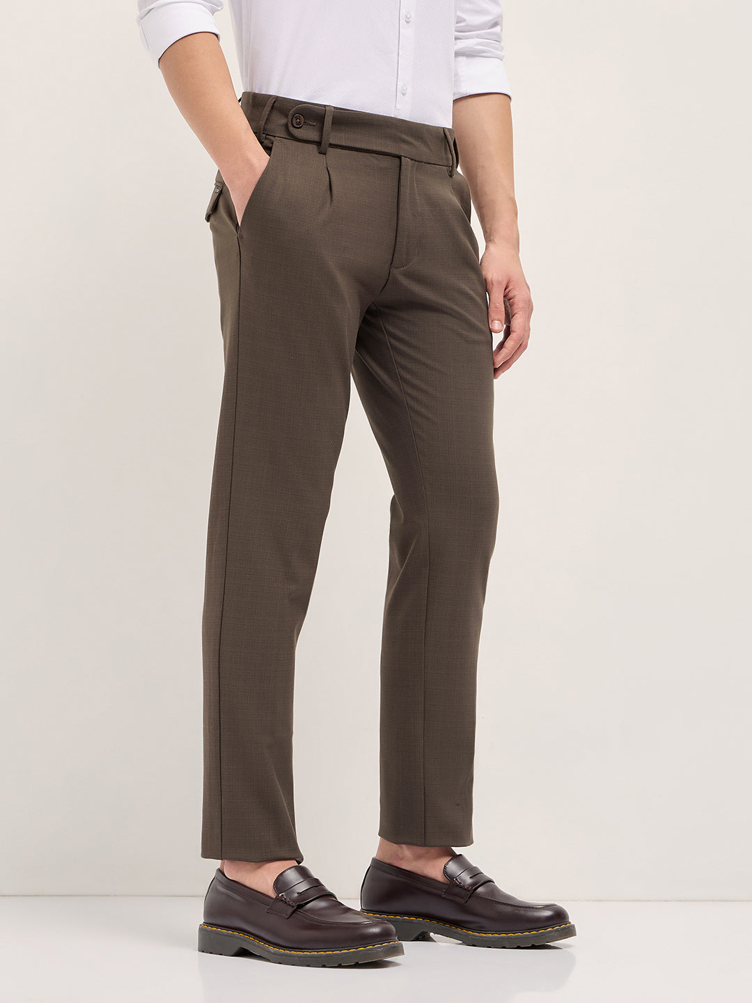 Men Brown Woven Checked Regular Fit Formal Trousers