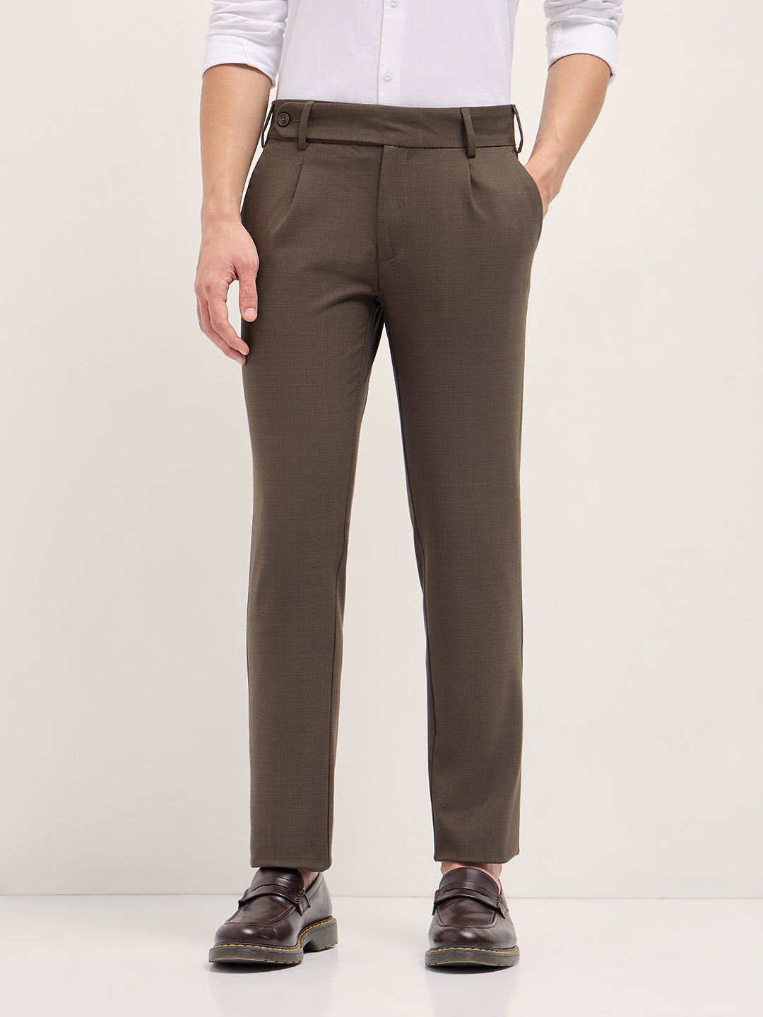 Men Brown Woven Checked Regular Fit Formal Trousers