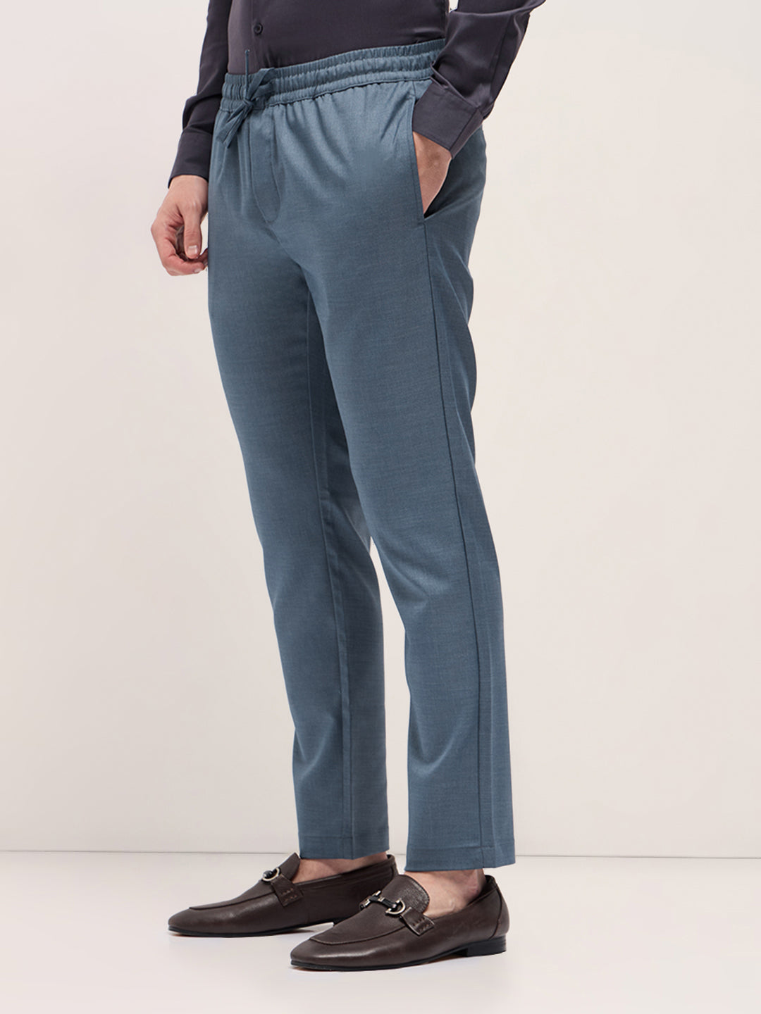 Men Steel Blue Slim Fit Formal Trouser