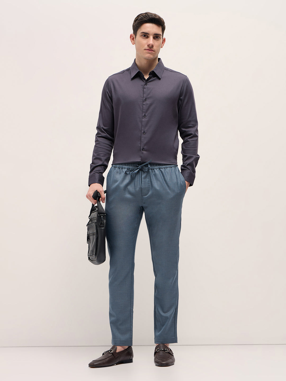 Men Steel Blue Slim Fit Formal Trouser
