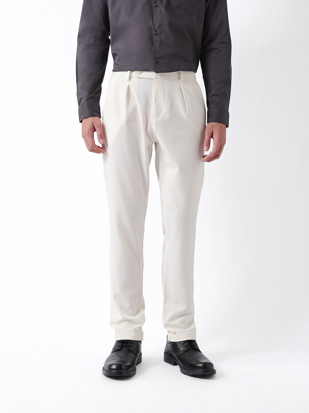 Men Cream Solid Formal Trouser