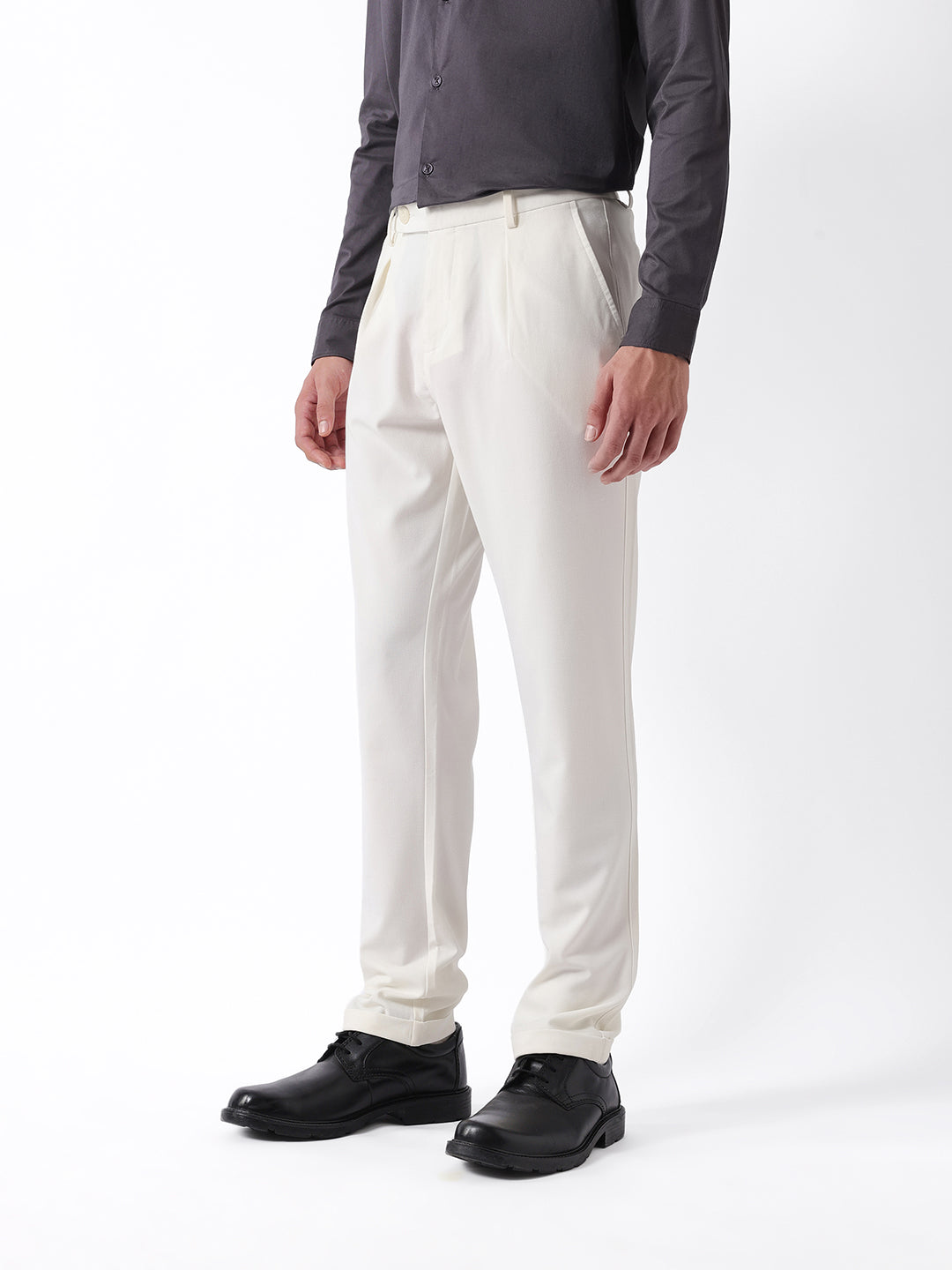 Men Cream Solid Formal Trouser