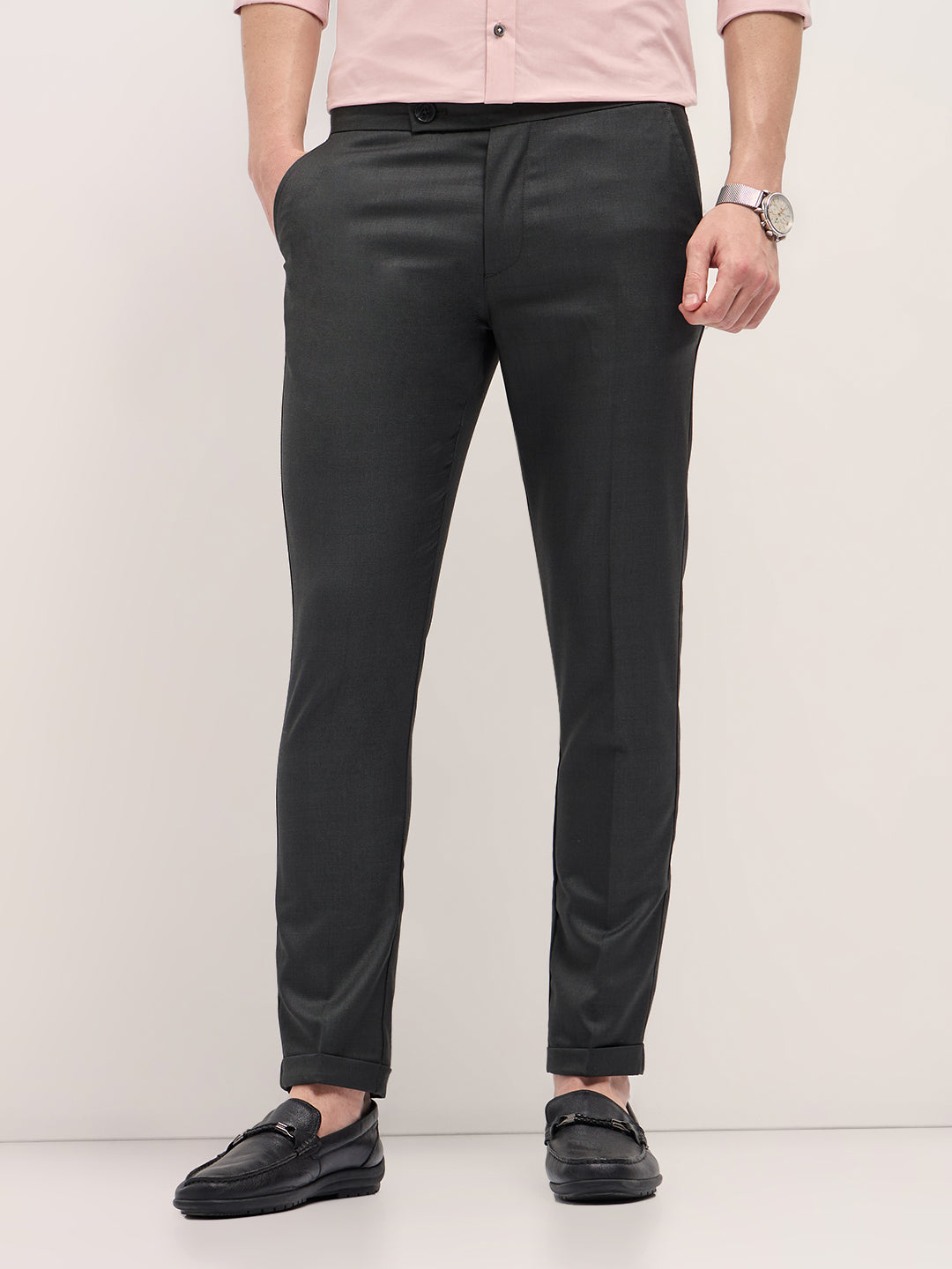 Men Charcoal Grey Slim Fit Formal Trouser