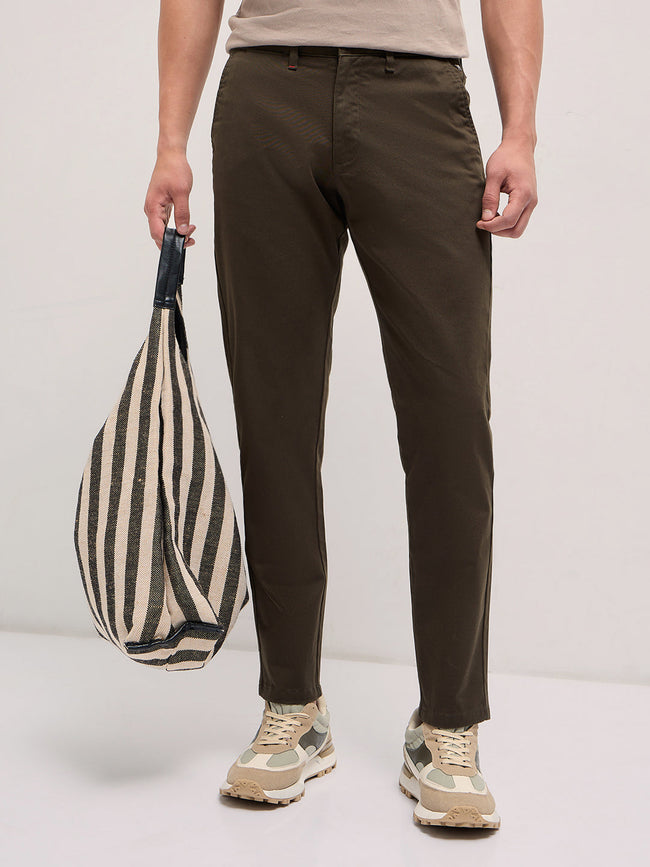 Men Olive Solid Slim Fit Casual Chino Trouser