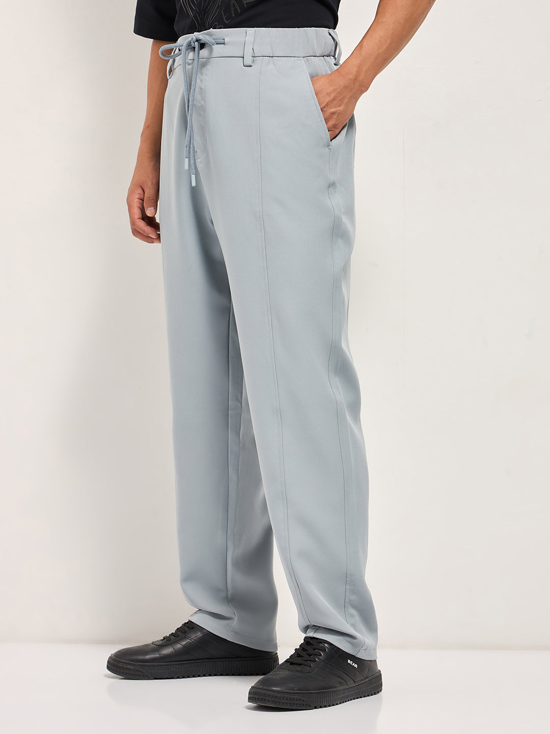 Men Grey Baggy Fit Polyester Blend Trousers