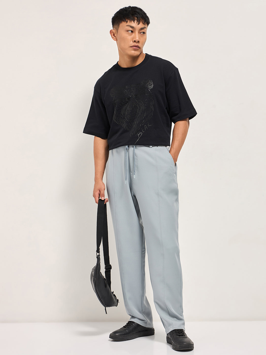 Men Grey Baggy Fit Polyester Blend Trousers