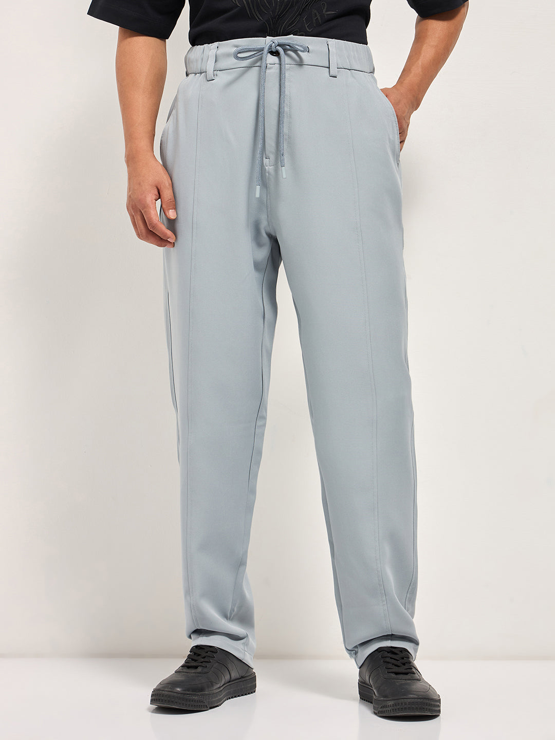 Men Grey Baggy Fit Polyester Blend Trousers
