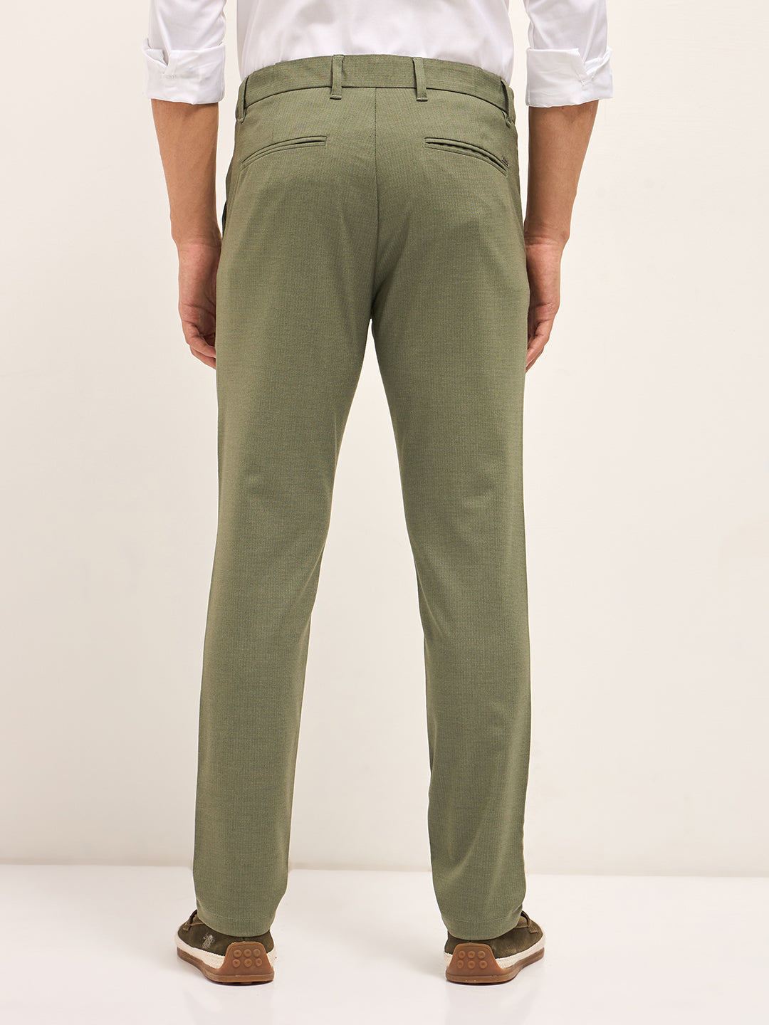 Men Olive Woven Pinstripe Slim Fit Formal Trousers