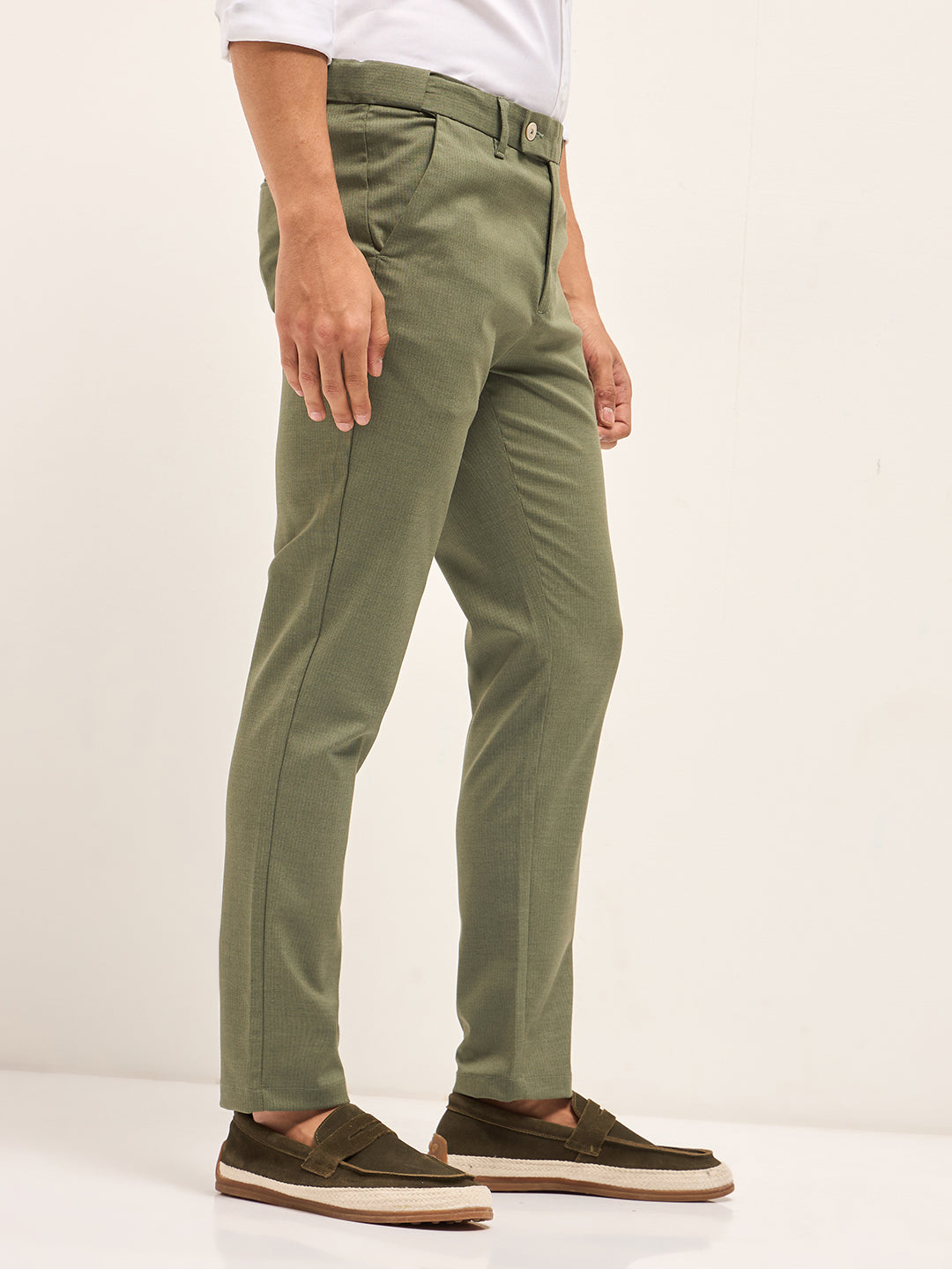 Men Olive Woven Pinstripe Slim Fit Formal Trousers