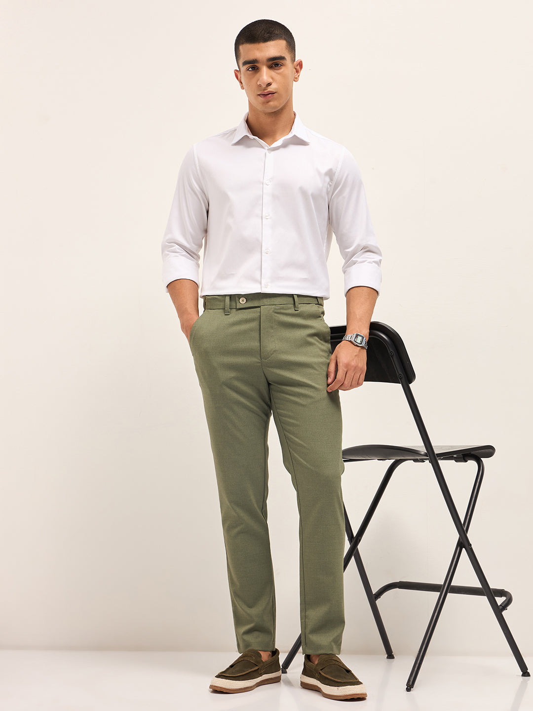 Men Olive Woven Pinstripe Slim Fit Formal Trousers