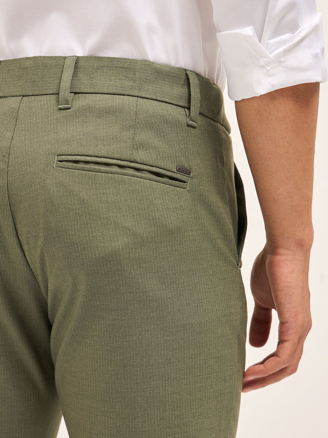 Men Olive Woven Pinstripe Slim Fit Formal Trousers