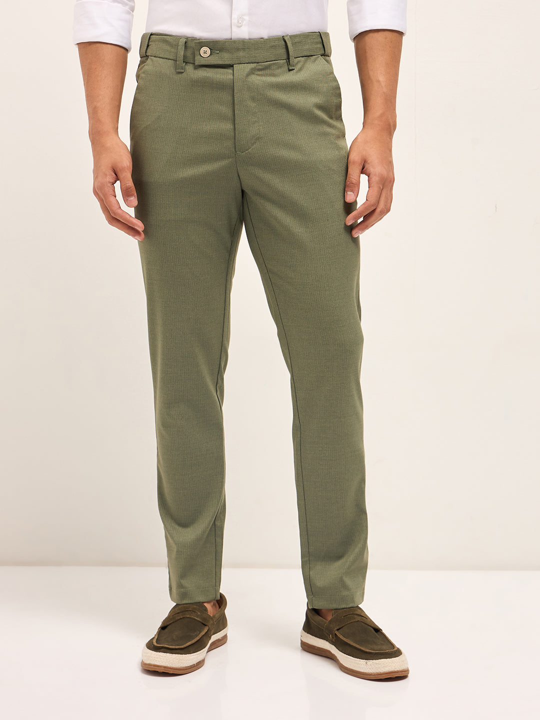 Men Olive Woven Pinstripe Slim Fit Formal Trousers