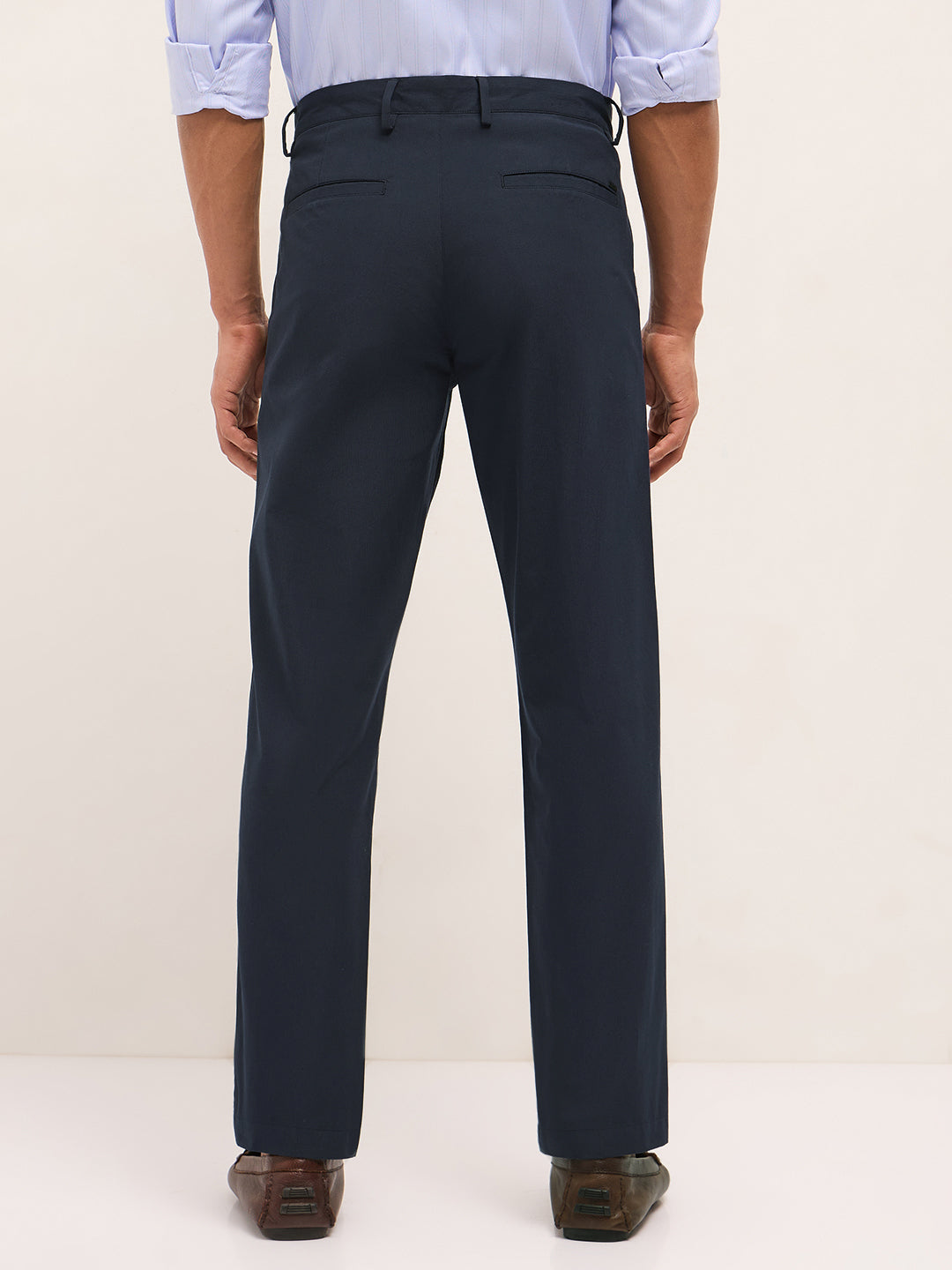 Men Navy Blue Poly Cotton Solid Regular Fit Formal Trousers