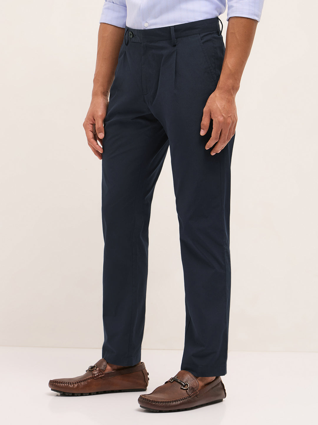 Men Navy Blue Poly Cotton Solid Regular Fit Formal Trousers