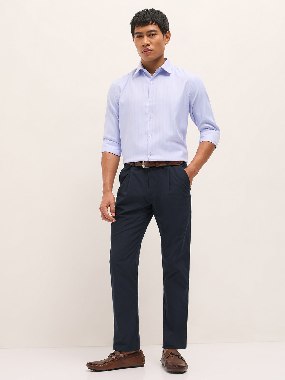 Men Navy Blue Poly Cotton Solid Regular Fit Formal Trousers