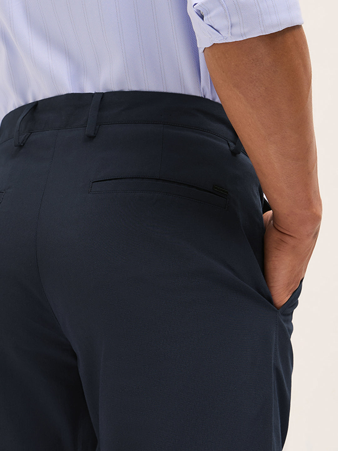 Men Navy Blue Poly Cotton Solid Regular Fit Formal Trousers