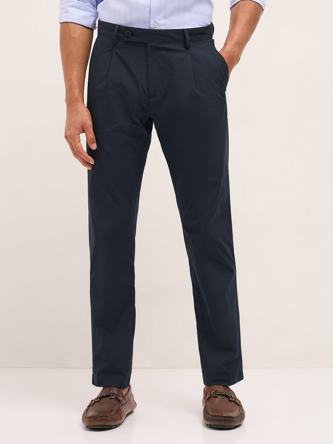 Men Navy Blue Poly Cotton Solid Regular Fit Formal Trousers