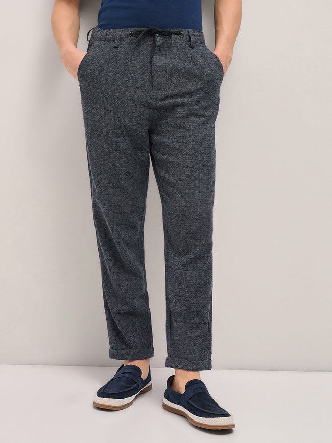 Men Grey Self Design Tapered Fit Elasticated Waist Casual Trouser